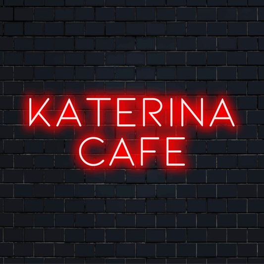 Katerina Cafe Custom Name Neon Sign, bright neon lettering against black brick wall