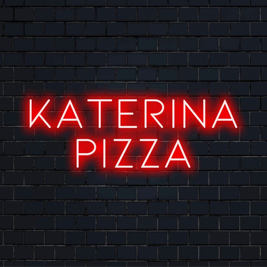 Katerina Pizza Personalized LED Neon Sign, bright neon lettering on black brick background