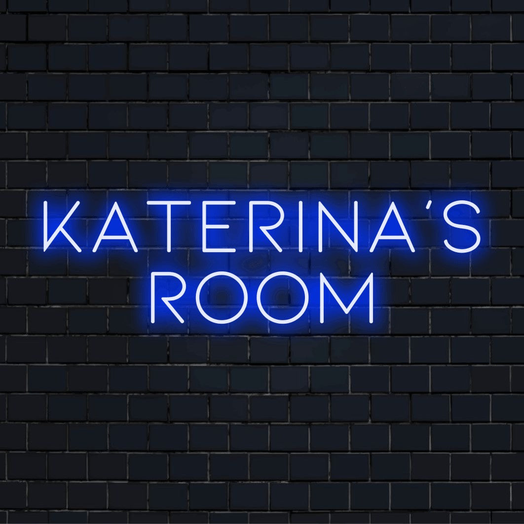 Katerina_s Room Custom Name Neon Sign, glowing neon text on black brick background