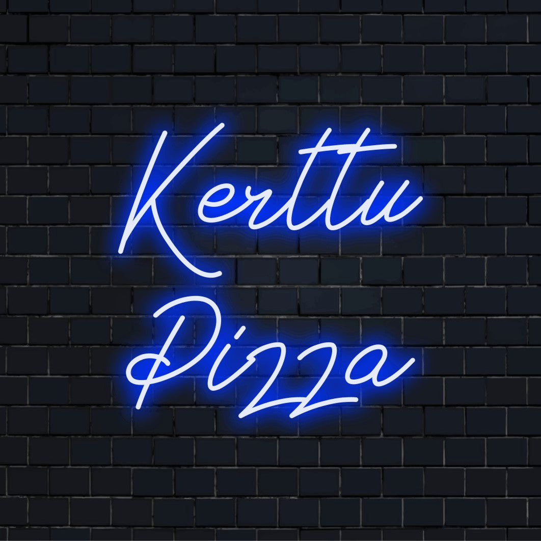 Kerttu Pizza Custom Name Neon Sign, soft neon glow on dark brick wall