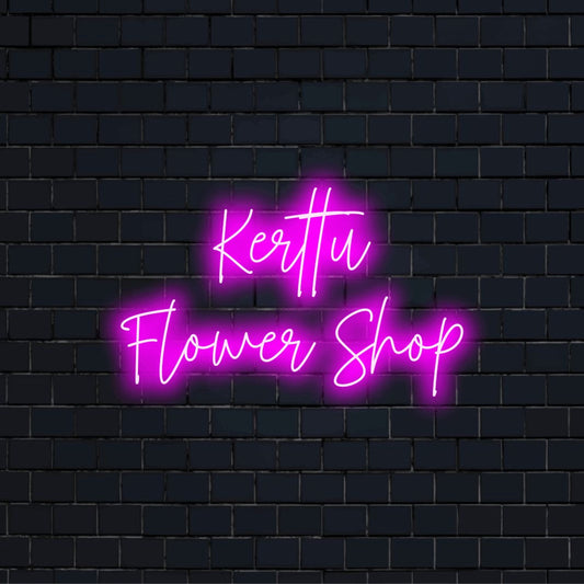 Kerttu Flower Shop Custom Name Neon Sign, bright neon lettering on black brick background