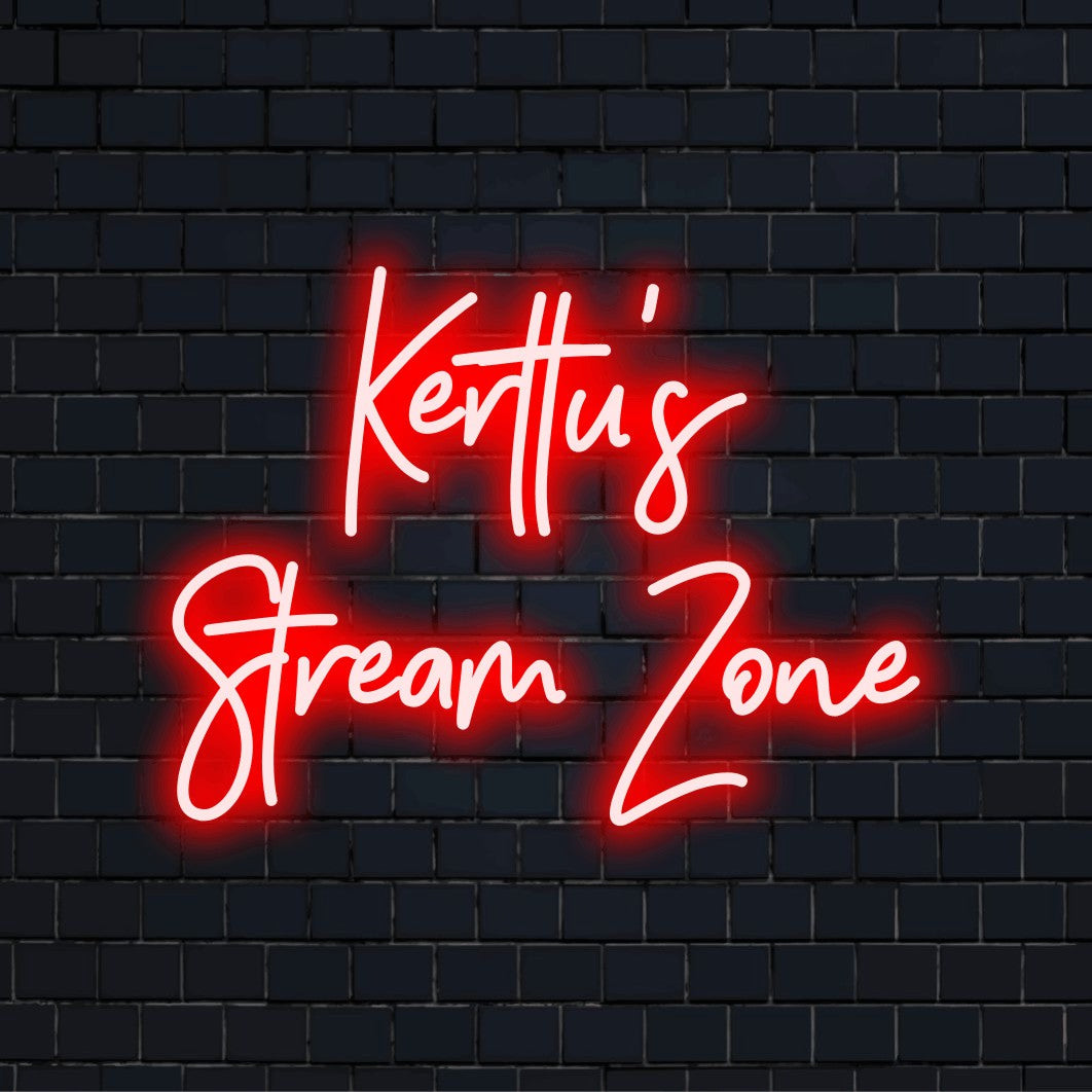 Kerttu_s Stream Zone Custom Name Neon Sign, bright neon glow against black brick wall