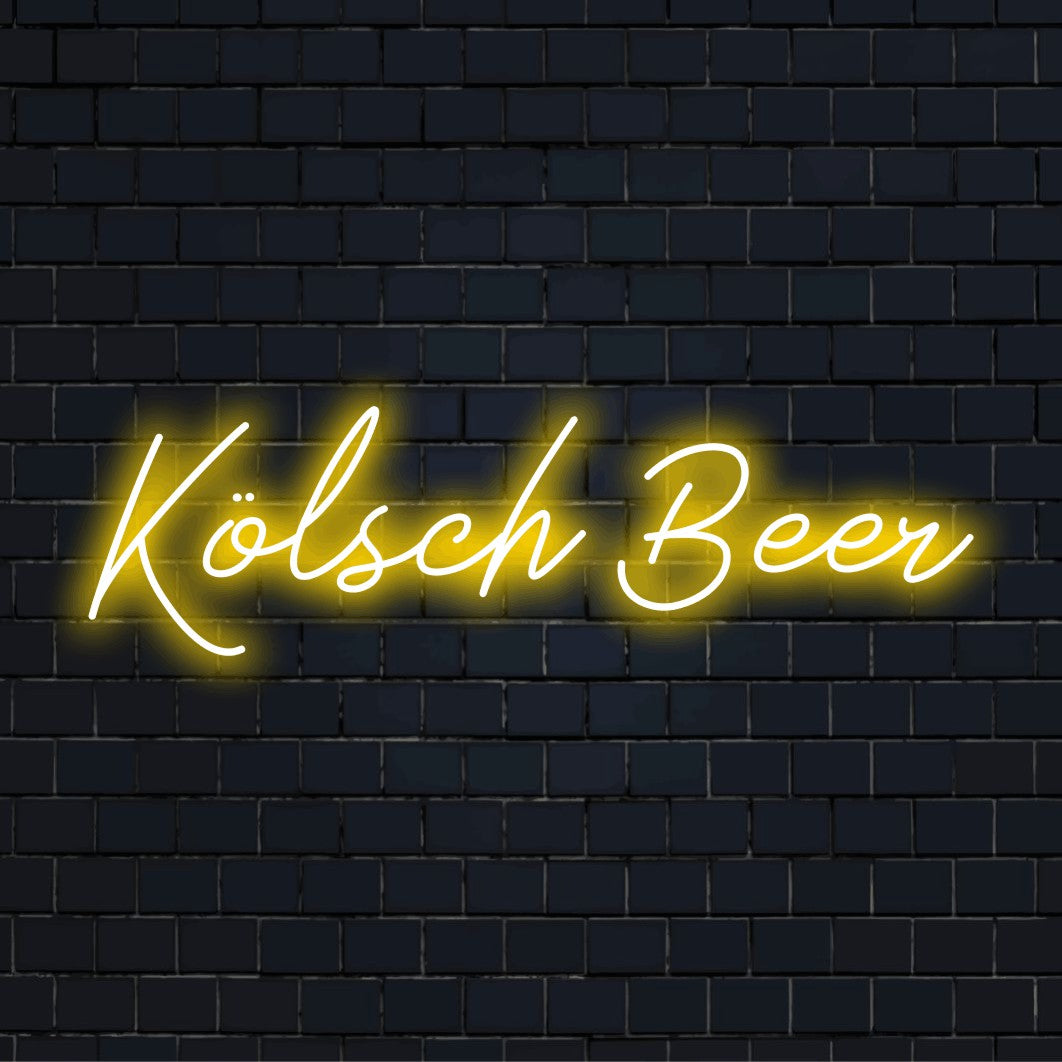 Kolsch Beer LED Neon Sign, glowing wall decor on black brick background