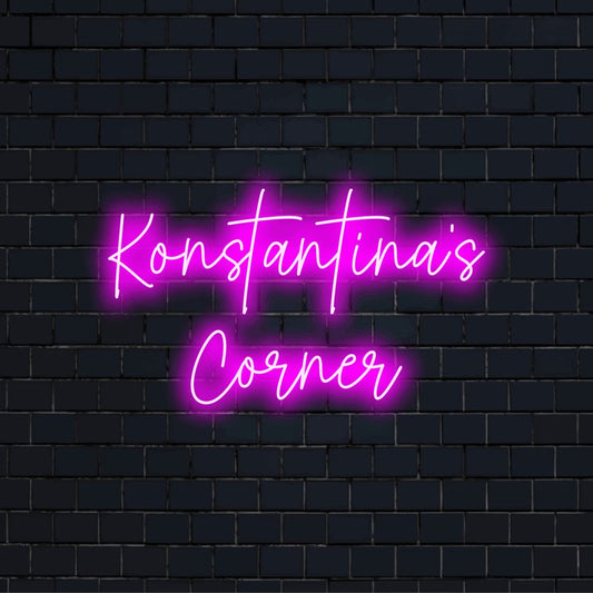Konstantina_s Corner Personalized Neon Light with bright LED glow against black brick wall