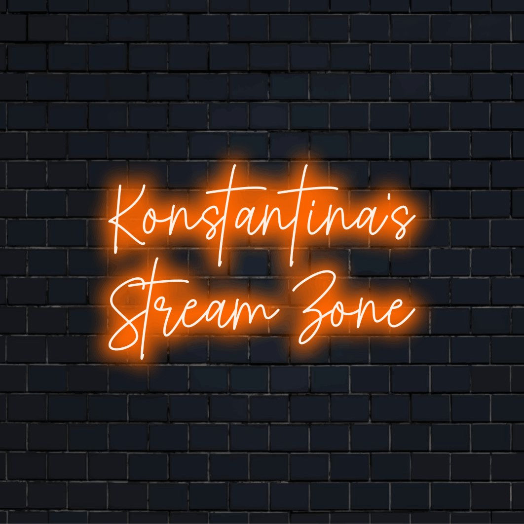 Konstantina_s Stream Zone Custom Name Neon Sign, soft neon glow on dark brick wall