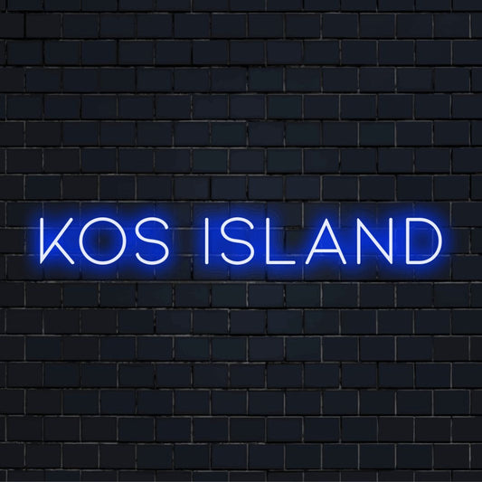 Kos Island LED Neon Sign, glowing lettering against black brick wall