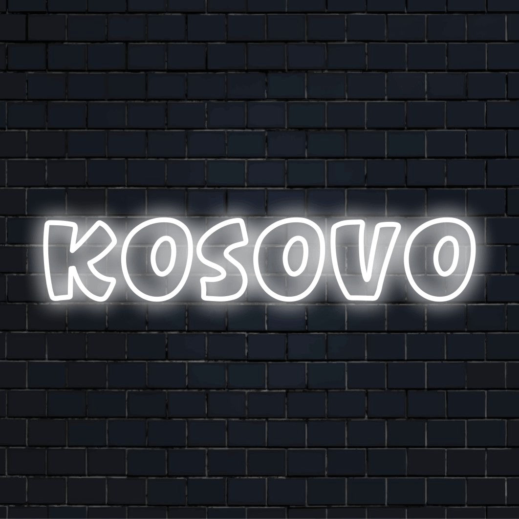 Kosovo Neon Sign, bright neon lettering on dark brick background