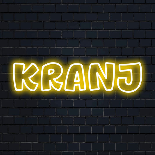 Kranj LED Neon Sign, soft neon glow against black brick wall