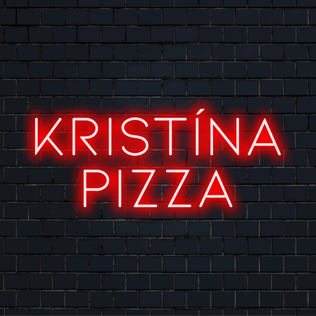 Kristina Pizza Custom Name Neon Sign, neon text light against brick backdrop
