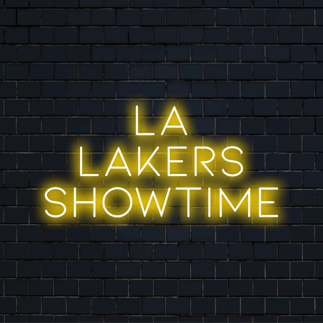 La Lakers Showtime Neon Sign, bright neon glow against brick backdrop