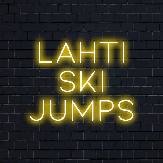 Lahti Ski Jumps Neon Sign, bright neon glow against brick backdrop