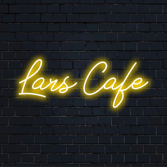 Lars Cafe Custom Name Neon Sign, bright LED glow against black brick wall