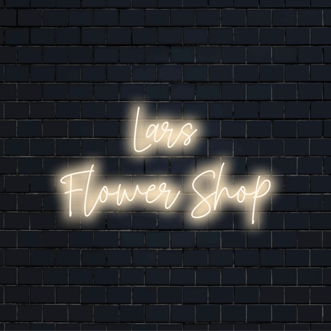 Lars Flower Shop Custom Name Neon Sign, glowing wall decor on black brick background