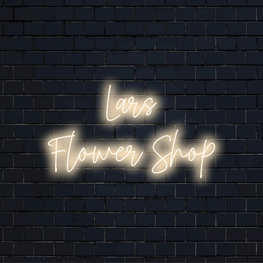 Lars Flower Shop Custom Name Neon Sign, glowing wall decor on black brick background