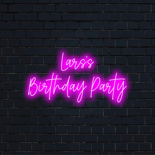 Lars_s Birthday Party Personalized Neon Light with bright neon glow against black brick wall