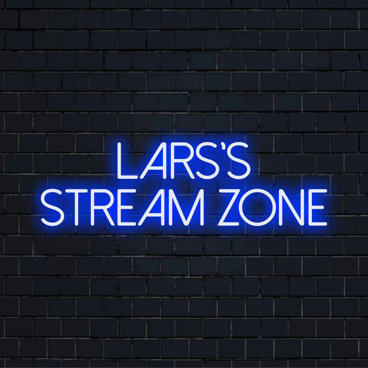 Lars_s Stream Zone Personalized LED Neon Sign, neon text light on dark brick wall