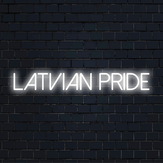 Latvian Pride Neon Sign, glowing lettering on black brick background