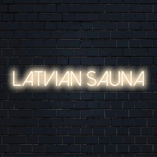 Latvian Sauna Neon Sign, neon text light on dark brick wall