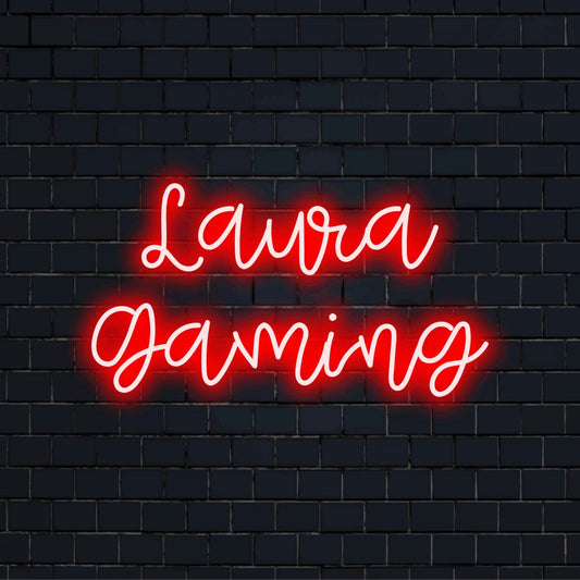 Laura Gaming Personalized Neon Light with bright LED glow against brick backdrop