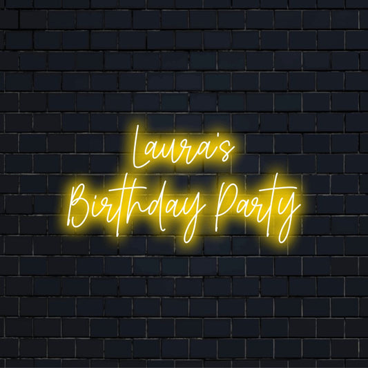 Laura_s Birthday Party Personalized Neon Light with neon text light against black brick wall