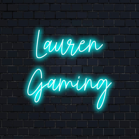 Lauren Gaming Personalized Neon Light with bright neon glow against black brick wall