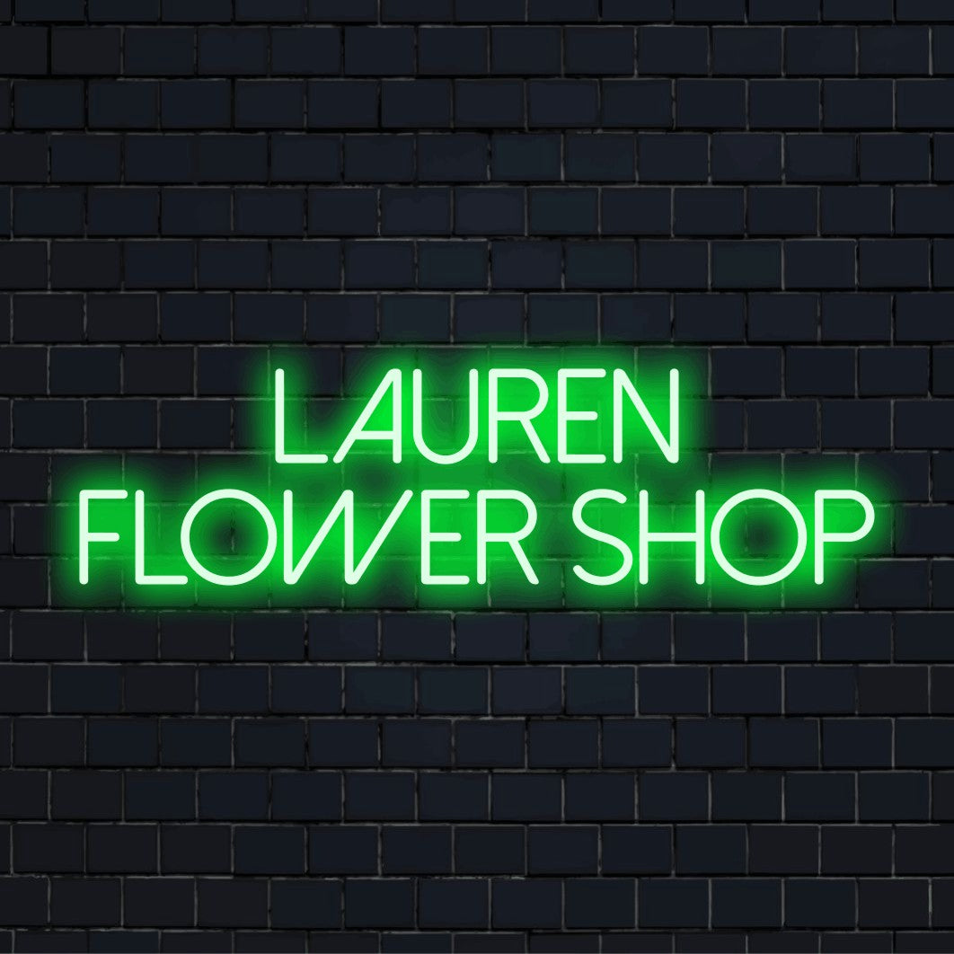 Lauren Flower Shop Personalized LED Neon Sign, bright LED glow on black brick background