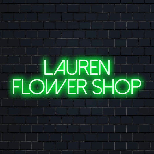 Lauren Flower Shop Personalized LED Neon Sign, bright LED glow on black brick background