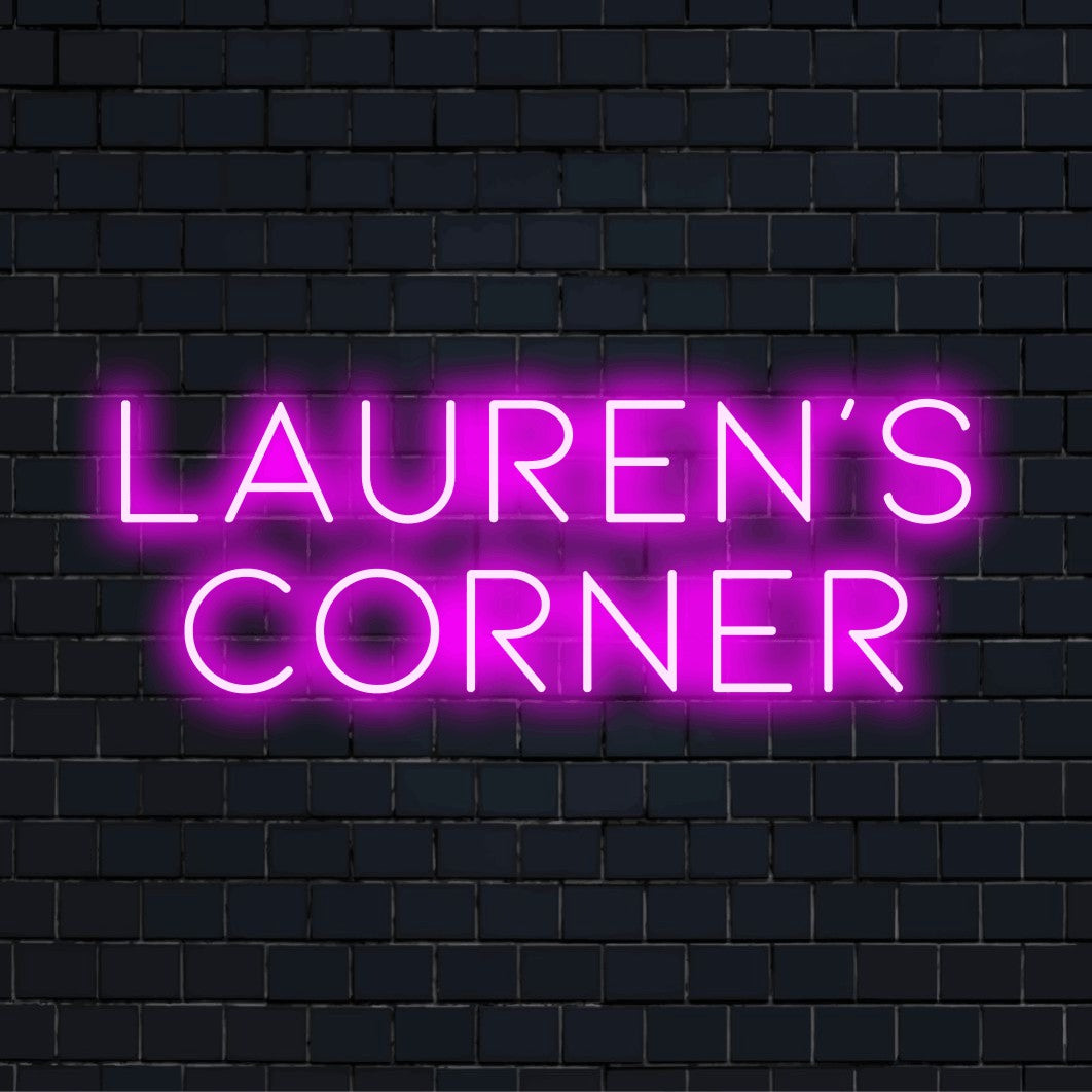 Lauren_s Corner Custom Name Neon Sign, bright neon glow on dark brick wall