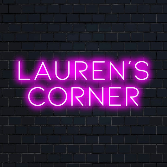 Lauren_s Corner Custom Name Neon Sign, bright neon glow on dark brick wall