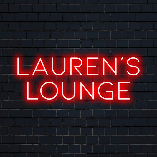 Lauren_s Lounge Custom Name Neon Sign, bright neon lettering on black brick background