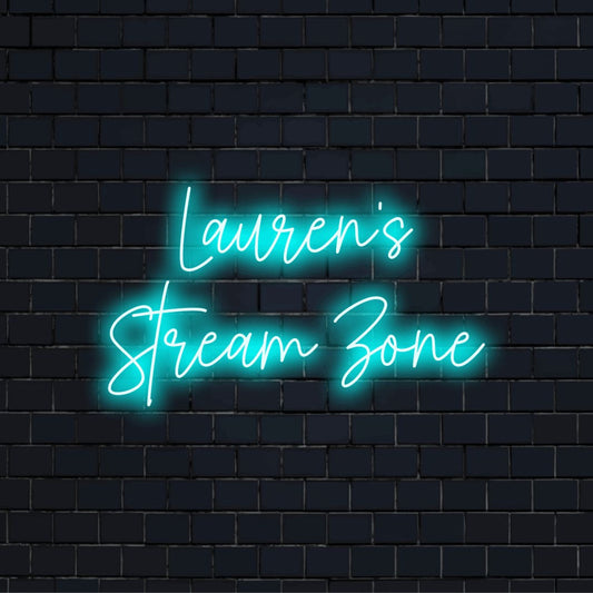 Lauren_s Stream Zone Custom Name Neon Sign, soft neon glow against black brick wall