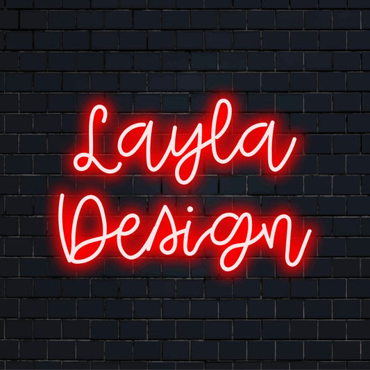 Layla Design Personalized LED Neon Sign, glowing lettering on black brick background