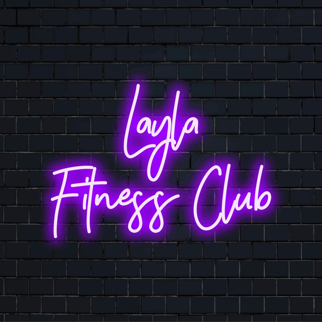 Layla Fitness Club Custom Name Neon Sign, bright LED glow on dark brick wall