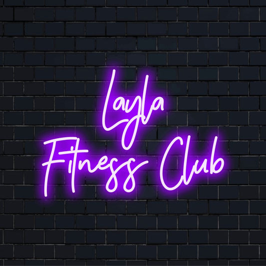 Layla Fitness Club Custom Name Neon Sign, bright LED glow on dark brick wall