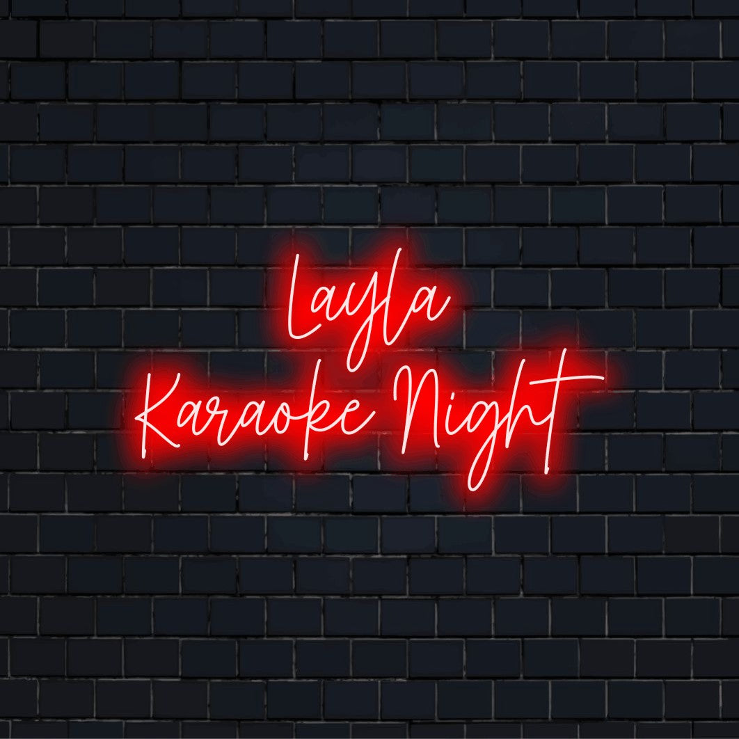 Layla Karaoke Night Custom Name Neon Sign, soft neon glow on black brick background