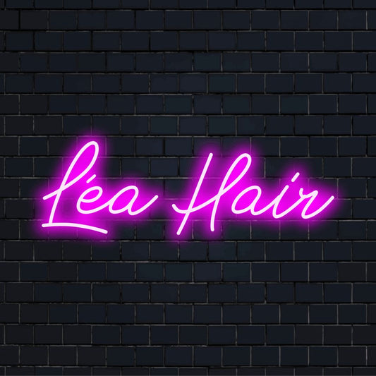 Lea Hair Personalized LED Neon Sign, bright neon glow on dark brick background