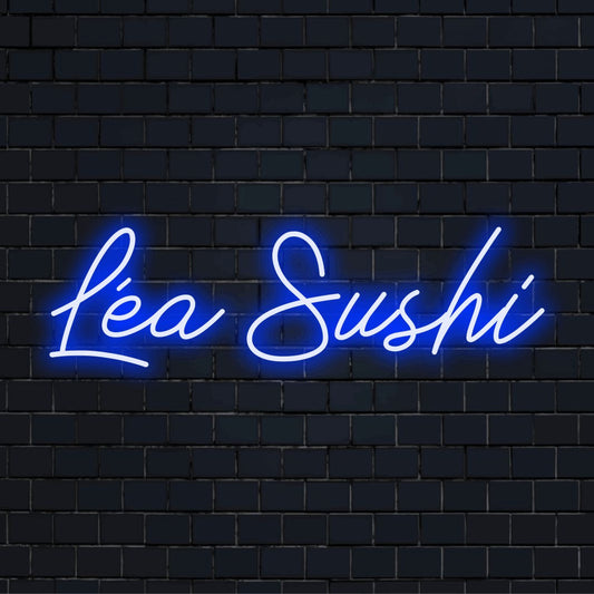 Lea Sushi Personalized LED Neon Sign, glowing wall decor against brick backdrop
