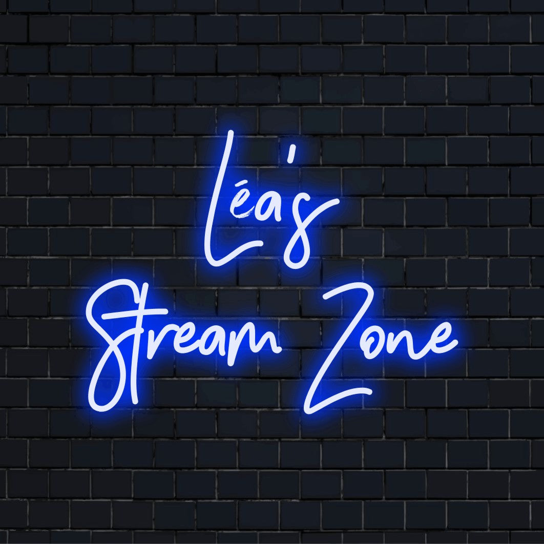Lea_s Stream Zone Custom Name Neon Sign, bright neon lettering against black brick wall