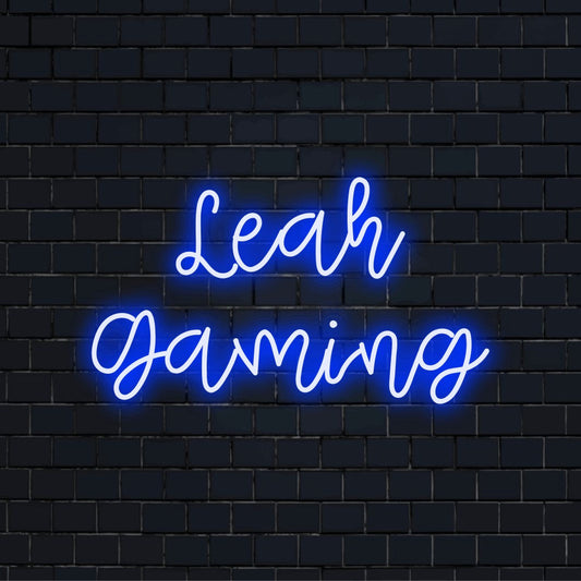 Leah Gaming Custom Name Neon Sign, bright neon glow on black brick background