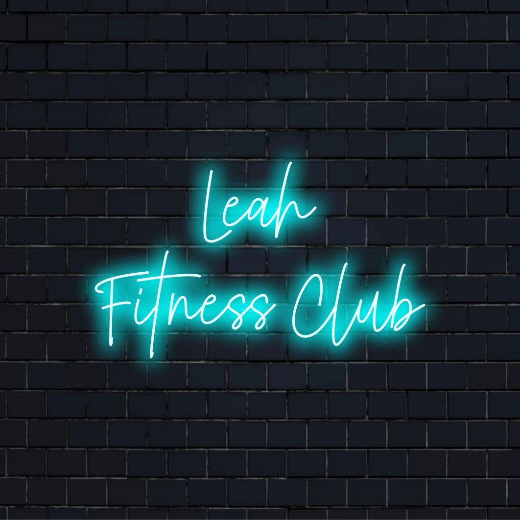 Leah Fitness Club Custom Name Neon Sign, neon text light on dark brick background