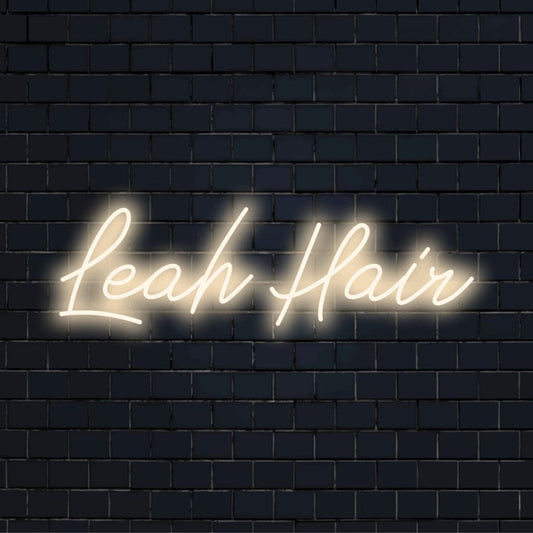 Leah Hair Personalized LED Neon Sign, soft neon glow on dark brick wall