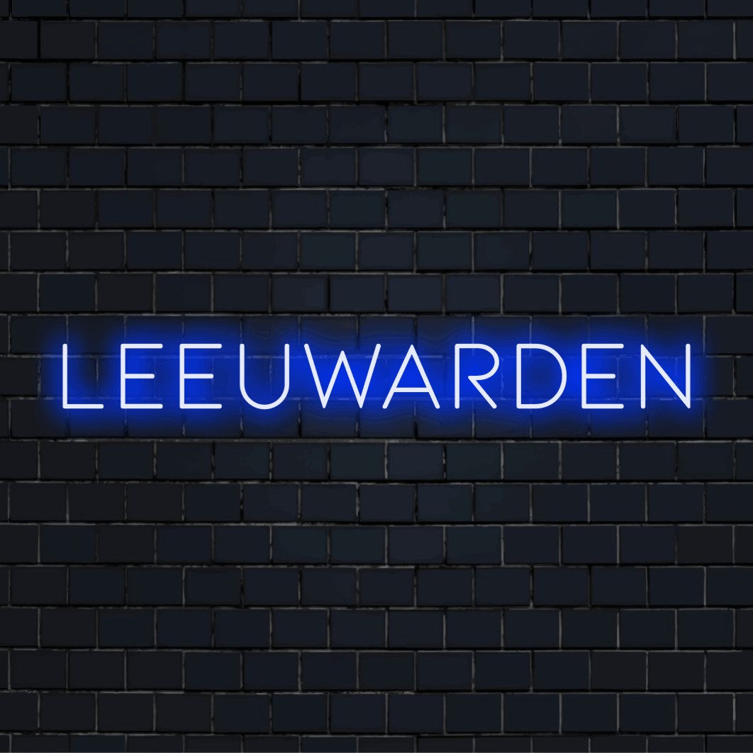 Leeuwarden Neon Light with glowing neon text on dark brick wall
