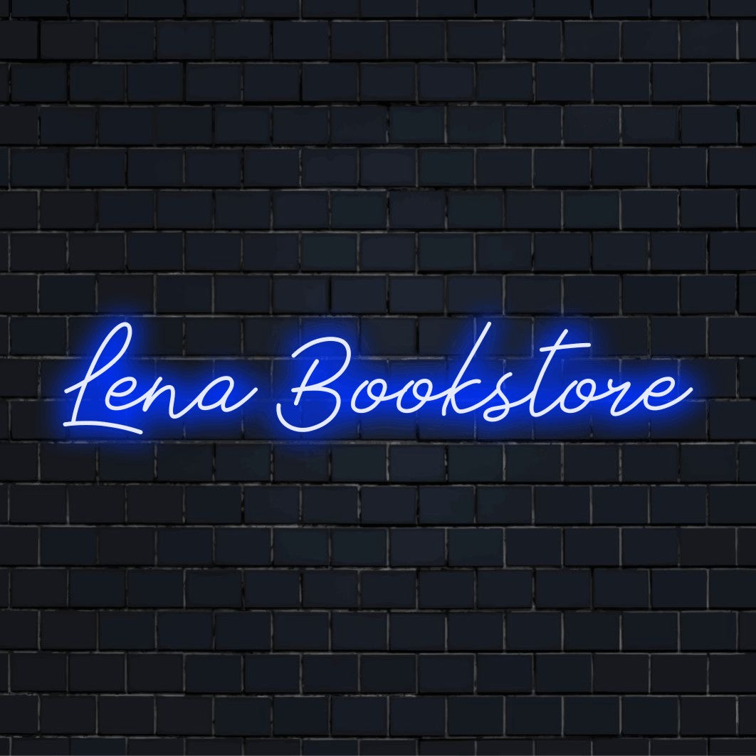 Lena Bookstore Custom Name Neon Sign, bright LED glow on dark brick wall