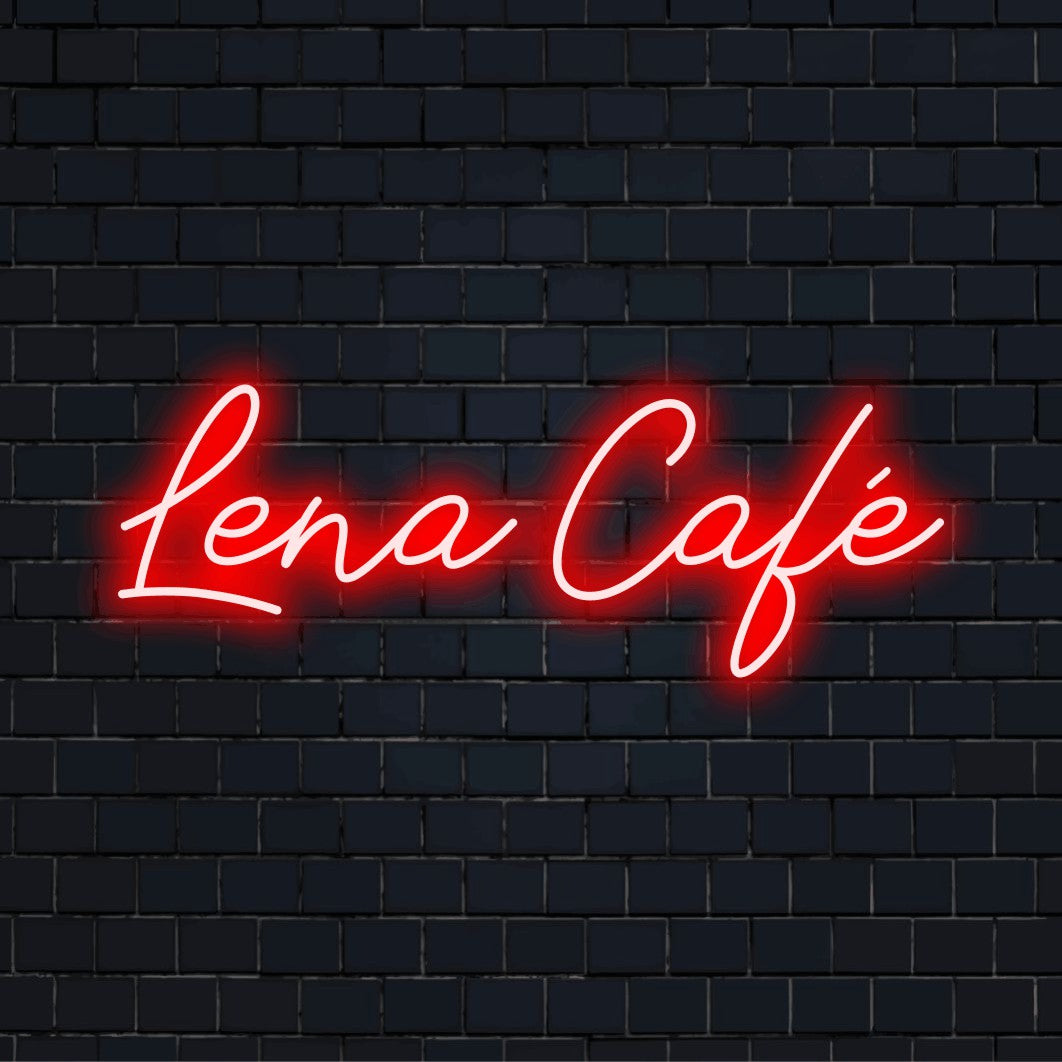 Lena Cafe Personalized LED Neon Sign, glowing wall decor against brick backdrop
