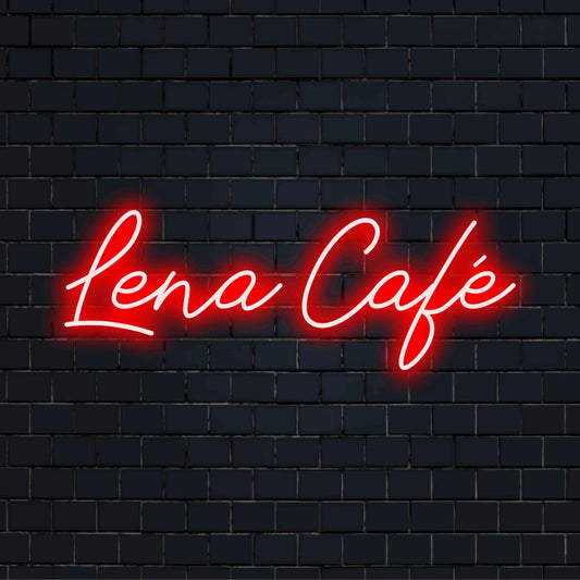 Lena Cafe Personalized LED Neon Sign, glowing wall decor against brick backdrop