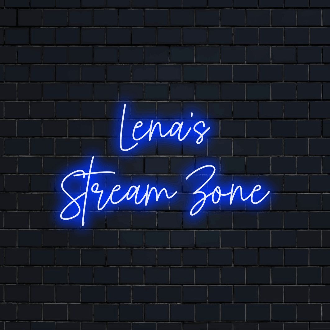 Lena_s Stream Zone Custom Name Neon Sign, neon text light on dark brick background