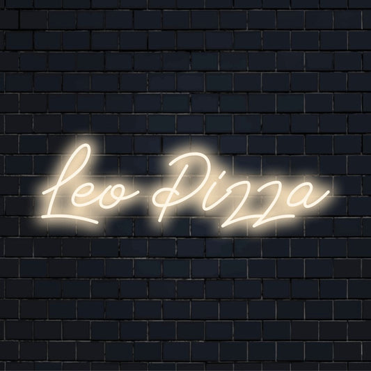 Leo Pizza Custom Name Neon Sign, glowing lettering on dark brick wall