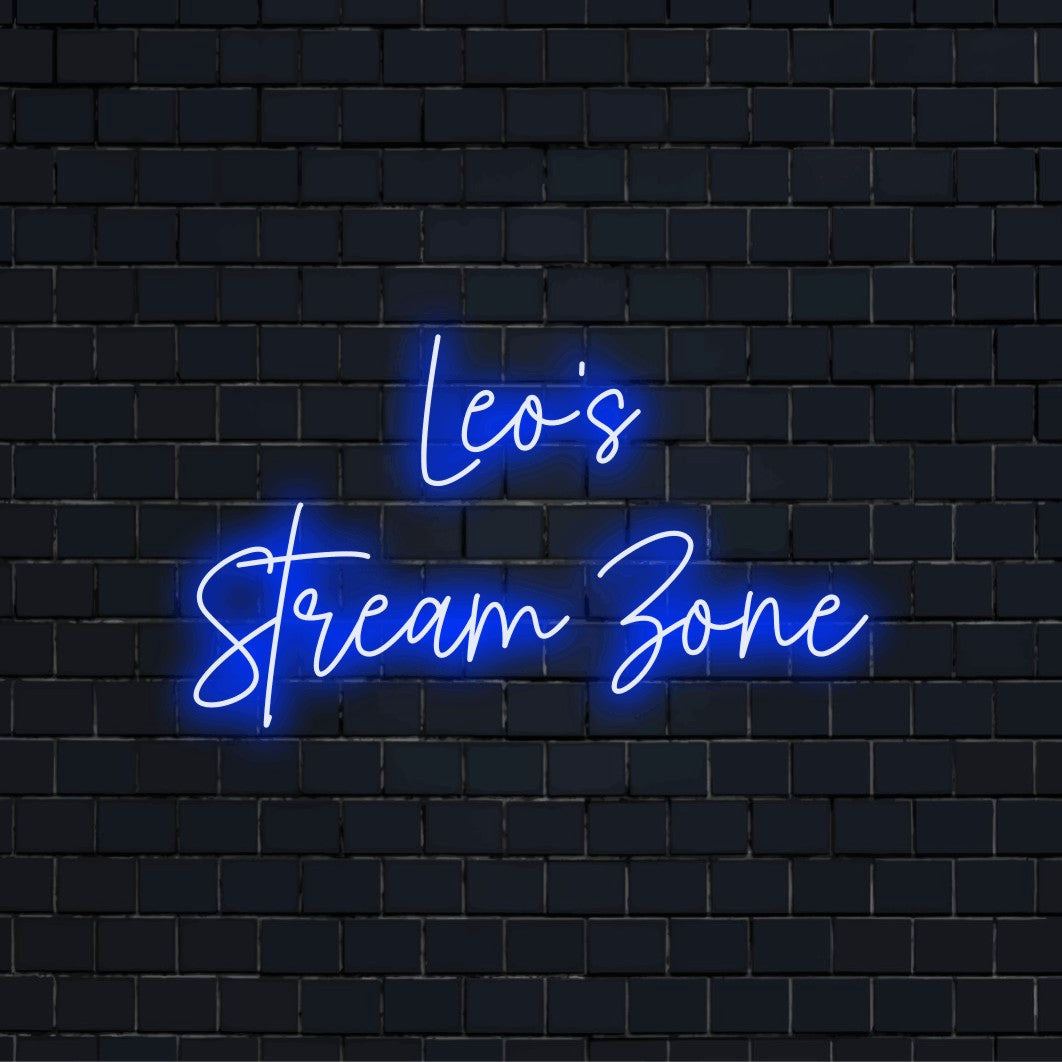 Leo_s Stream Zone Personalized LED Neon Sign, glowing neon text against brick backdrop