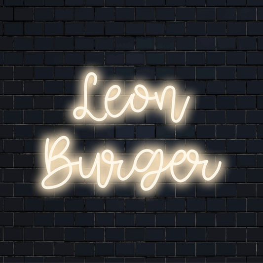 Leon Burger Personalized LED Neon Sign, glowing wall decor against brick backdrop