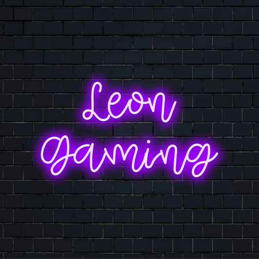 Leon Gaming Personalized LED Neon Sign, glowing neon text on dark brick wall